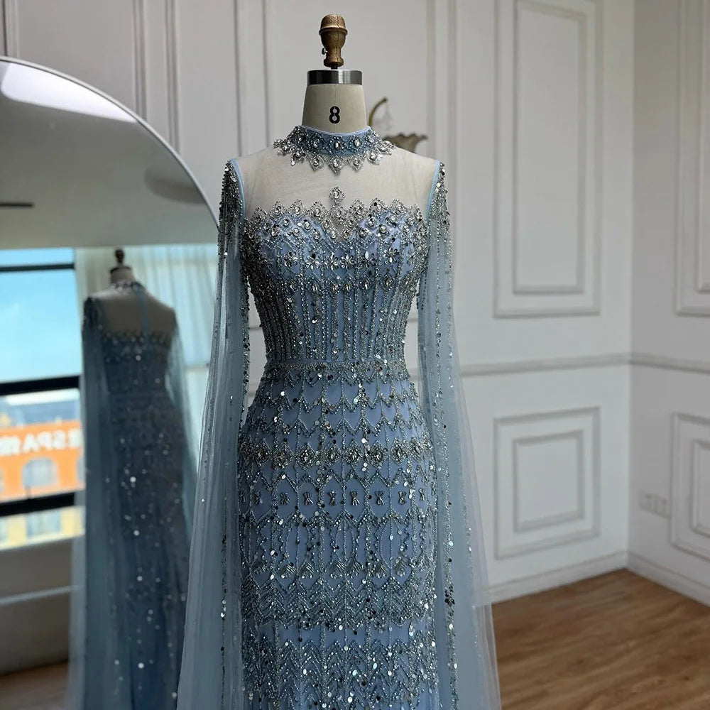 Luxury Nude Beaded Evening Dress with Long Cape Sleeves LA72714A - SERENE HILL