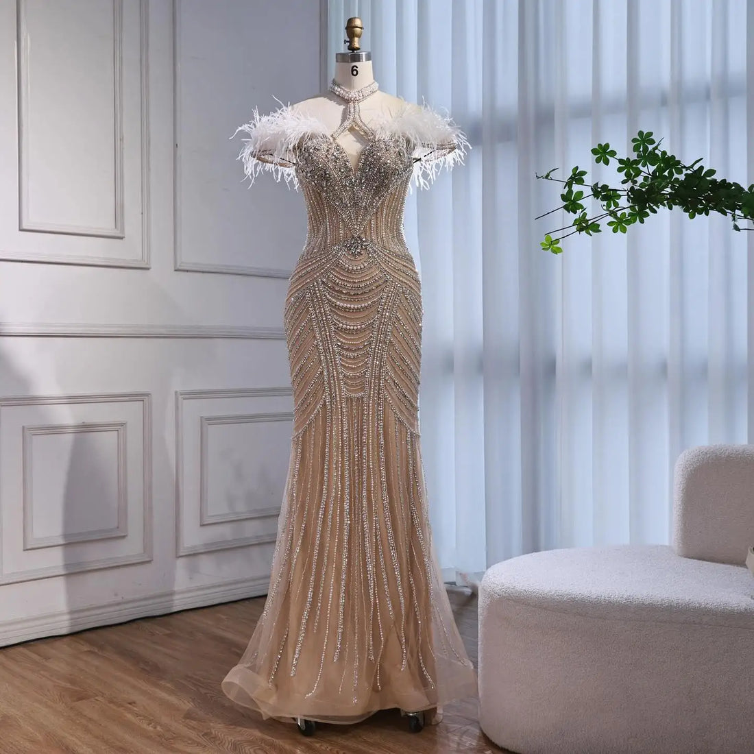 Luxury Pink Feather Halter Beaded Evening Gown for Wedding Party LA73212 - SERENE HILL