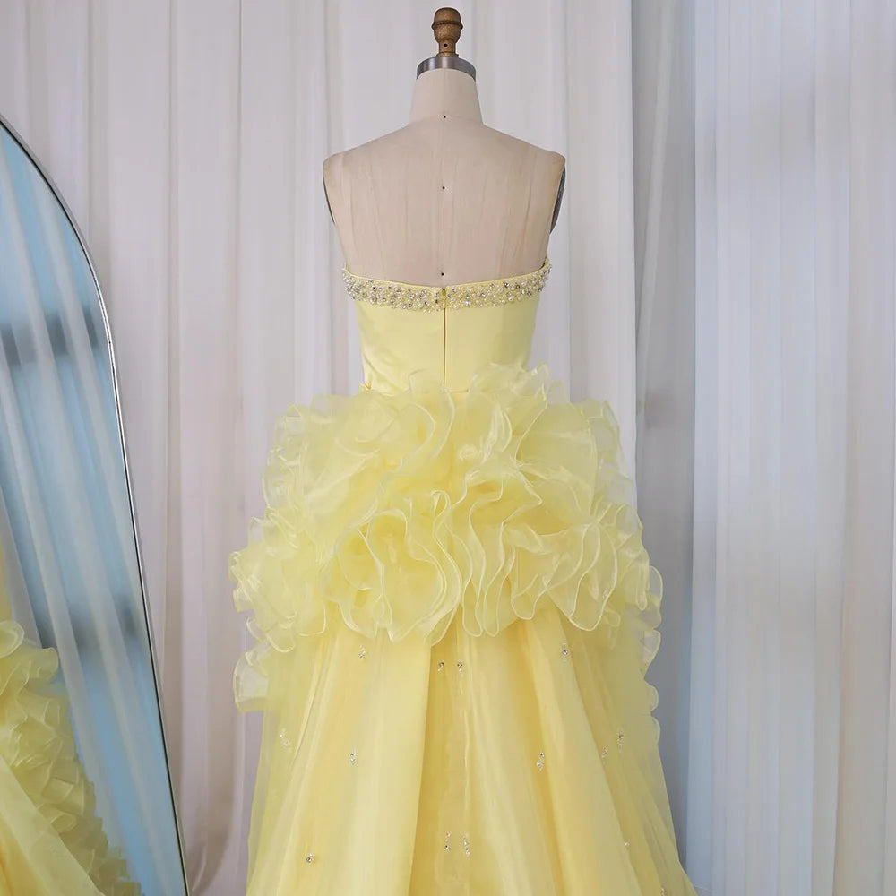 Luxury Dubai Evening Gown for Formal Occasion Elegant Yellow Dress with Ruffles and Beaded Details LA72889 - SERENE HILL