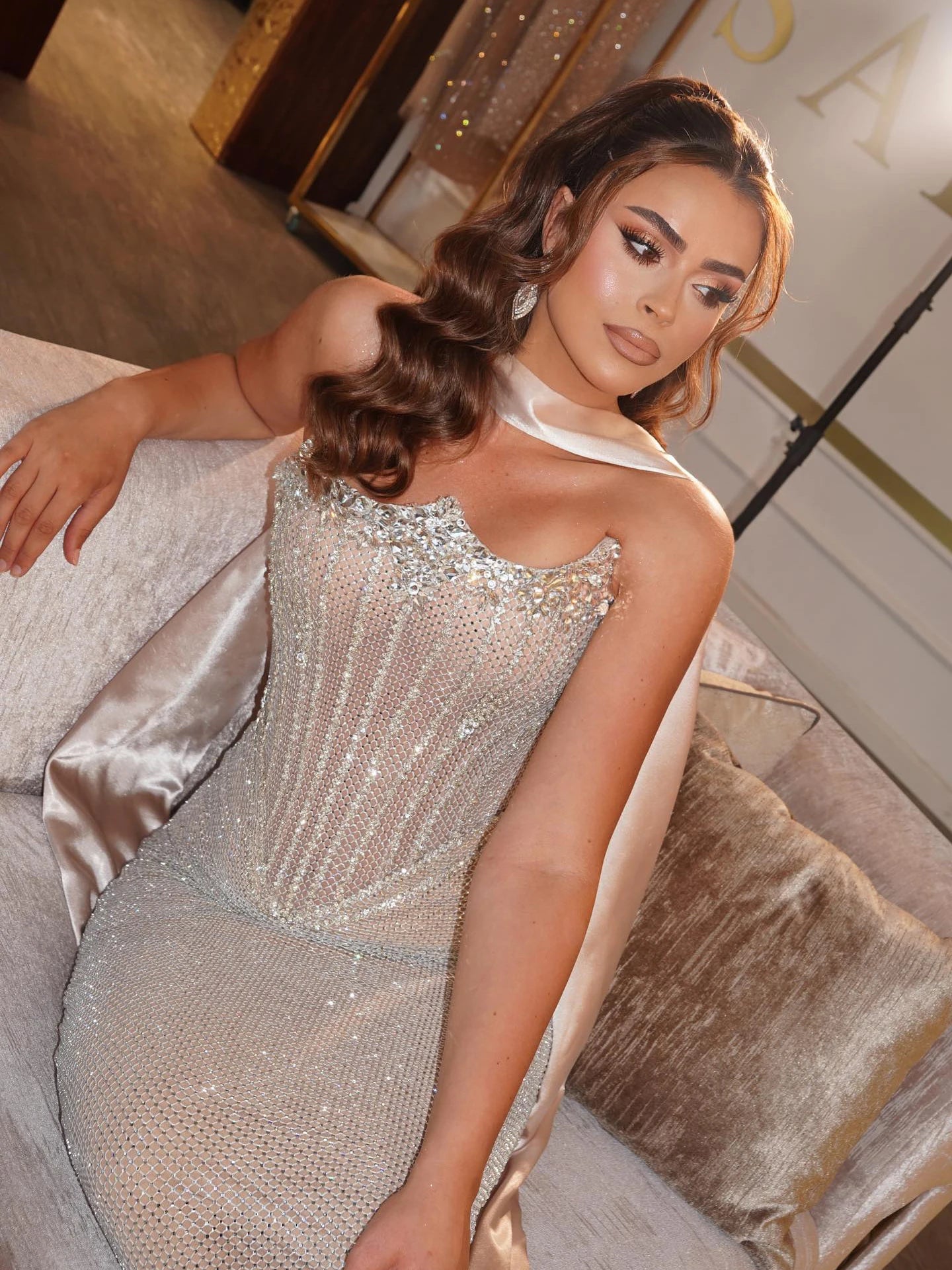 Luxury Nude Crystal Beaded Mermaid Evening Dress with Long Gloves LA73422 - SERENE HILL