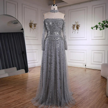 Luxury Caramel Off Shoulder Beaded Mermaid Evening Dress Long Sleeves LA73053 - SERENE HILL