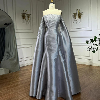 Luxury Dubai Luxury Off Shoulder A Line Gray Satin Evening Gown Pearl Beaded for Formal Occasion LA72779 - SERENE HILL