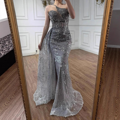 Luxury Silver Gray Crystal Beaded One Shoulder Evening Dress with Overskirt LA73160 - SERENE HILL