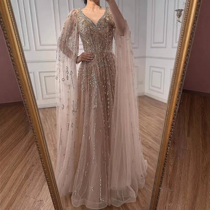 Luxury Nude Beaded Evening Dress with Cape Sleeves for Formal Occasion LA72764A - SERENE HILL