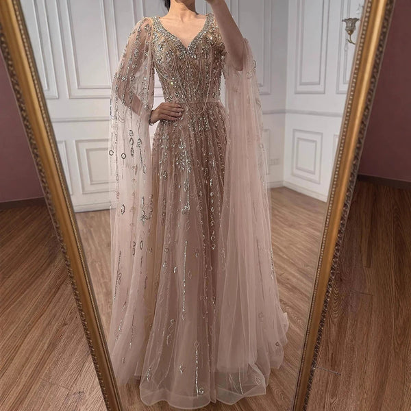 Luxury Nude Beaded Evening Dress with Cape Sleeves for Formal Occasion LA72764A