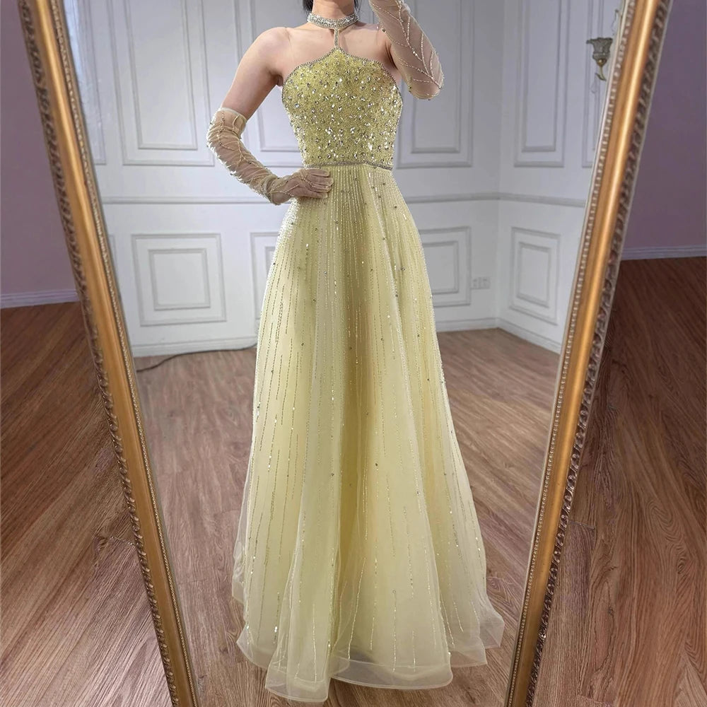 Sparkly Luxury Beaded Yellow Halter Evening Dress Gloves Saudi LA72948 - SERENE HILL
