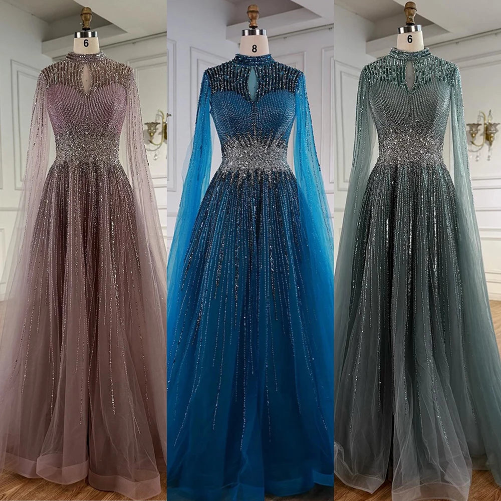 Luxury Modest Blue Beaded Evening Dress with Cape LA73059  SERENE HILL