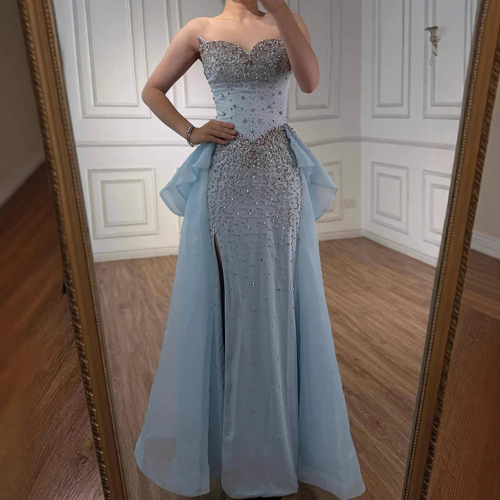 Luxury Blue Crystal Beaded Mermaid Evening Dress with Overskirt LA73145 - SERENE HILL