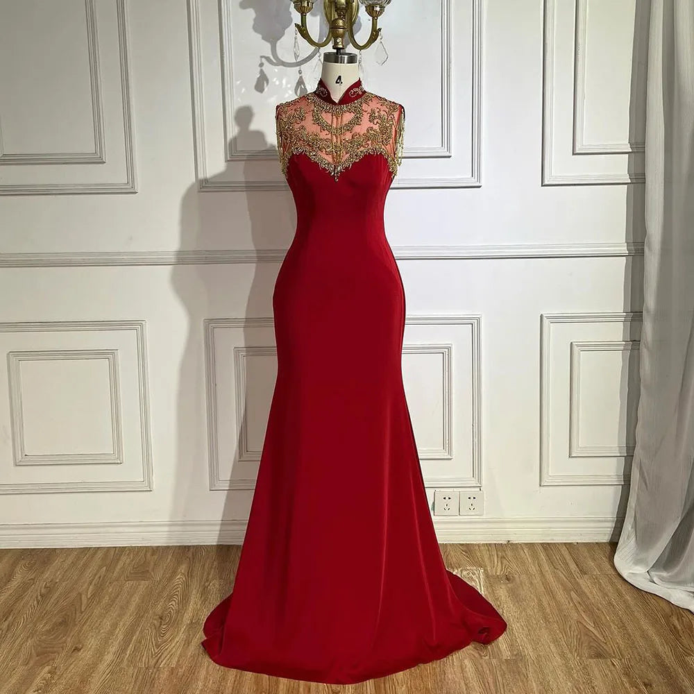 Serene Hill Arabic Wine Red Mermaid Elegant Satin Beaded Luxury Dubai Evening Dresses Gowns For Women Wedding Party 2025 LA72556 - SERENE HILL
