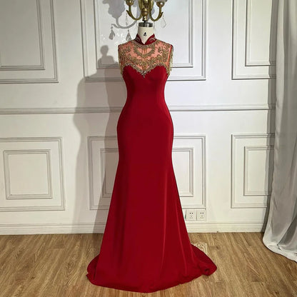 Serene Hill Arabic Wine Red Mermaid Elegant Satin Beaded Luxury Dubai Evening Dresses Gowns For Women Wedding Party 2025 LA72556 - SERENE HILL