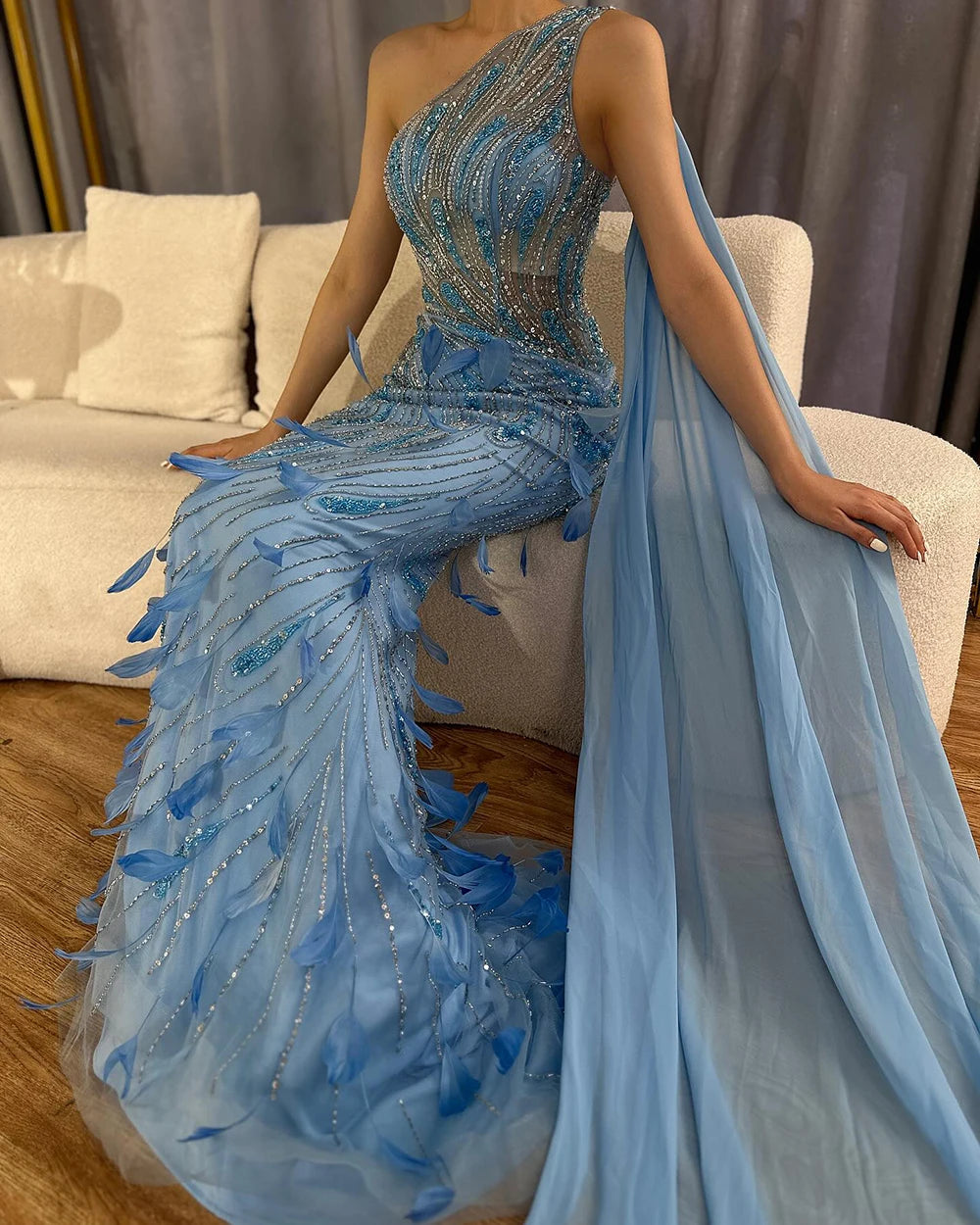 Green One-Shoulder Beaded Feathers Evening Gown with Side Cape Shawl LA72698 - SERENE HILL