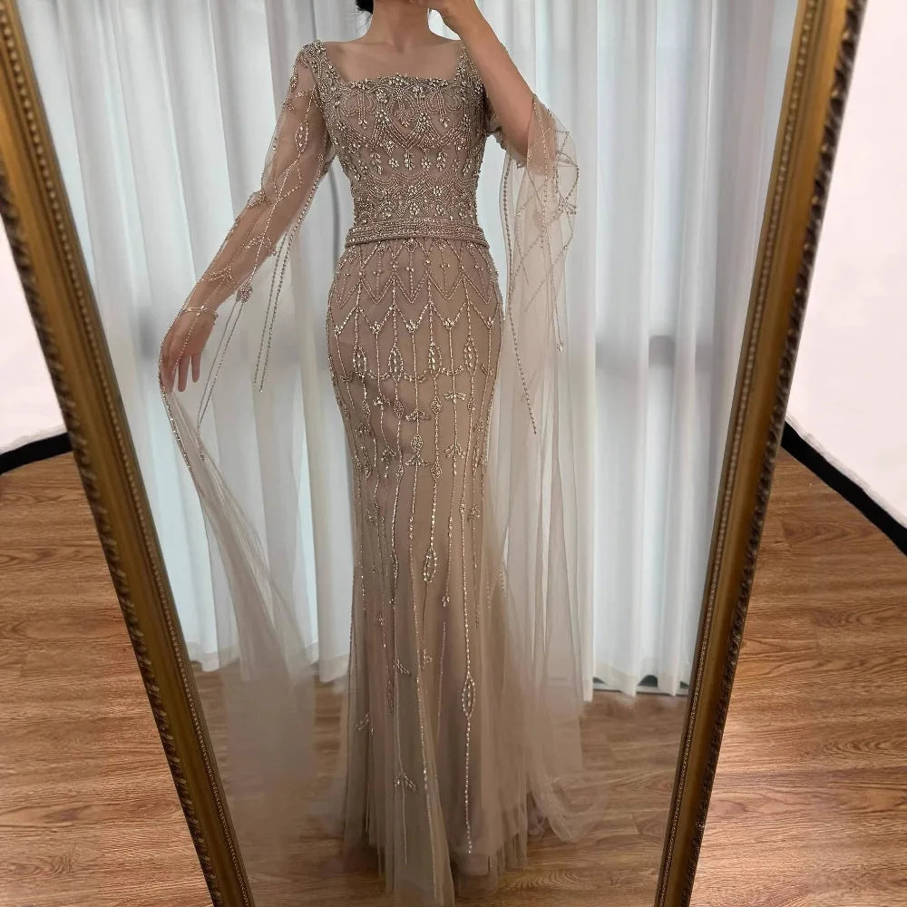Luxury Arabic Caramel Beaded Evening Dress with Cape Sleeves LA72966A - SERENE HILL