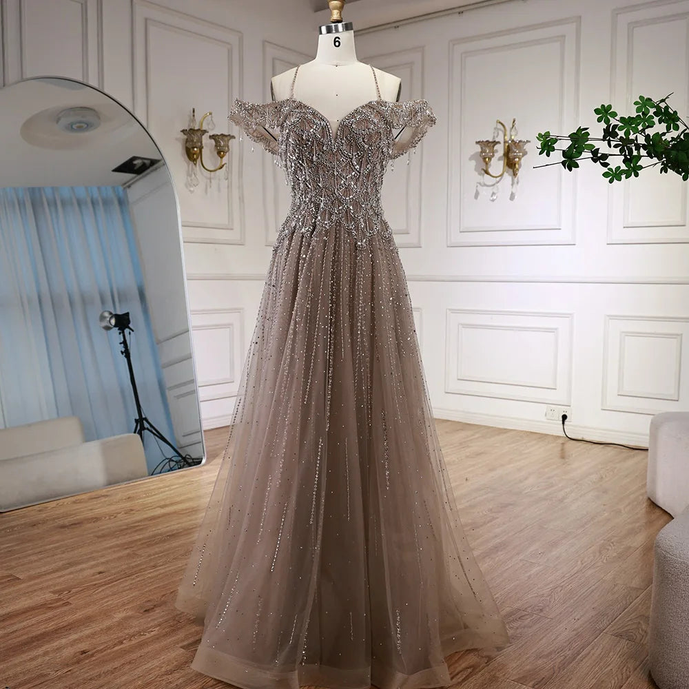 Elegant Nude Beaded Evening Dress with Cape Sleeves LA72317C - SERENE HILL