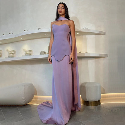 Luxury Dubai Arabic Purple Mermaid Satin Evening Dresses Gowns with Long Cape for Formal Occasion LA72813 - SERENE HILL