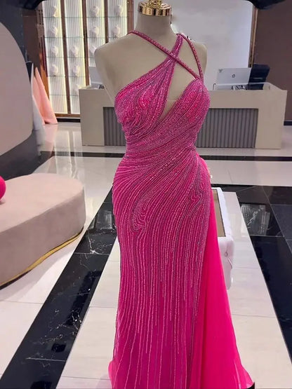 Fuchsia One Shoulder Beaded Mermaid Evening Dress with Overskirt LA73105 - SERENE HILL