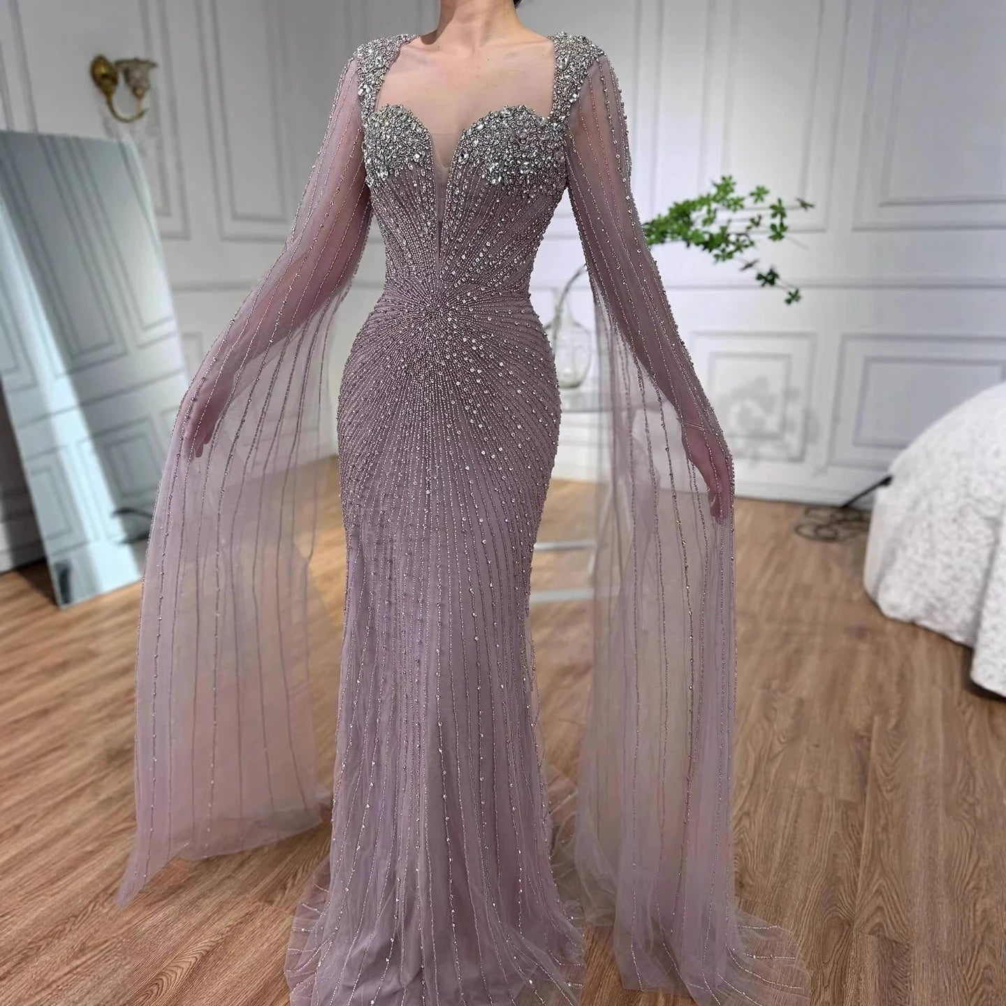 Luxury Caramel Crystal Beaded Mermaid Evening Dress with Cape LA72575D - SERENE HILL