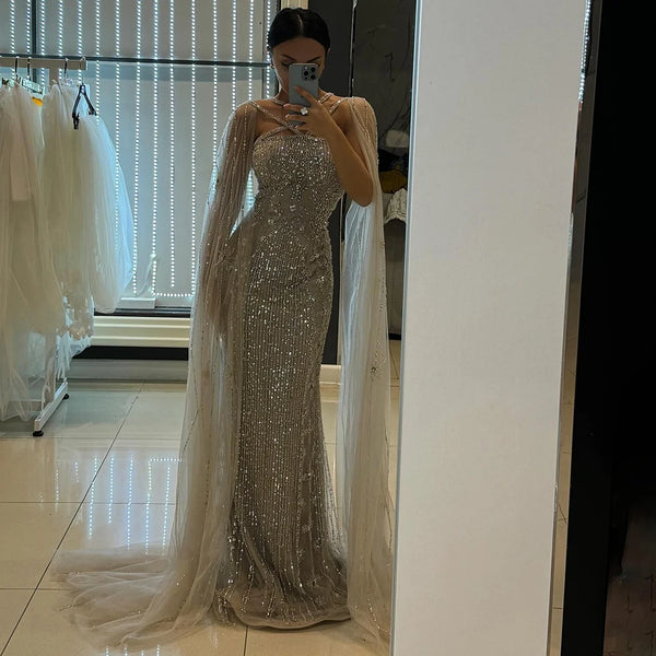 Serene Hill Caramel Elegant Cape Sleeves Beaded Mermaid Luxury Dubai Evening Dresses Gowns For Women Wedding Party 2025 LA71905B