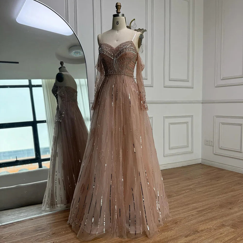 Luxury Caramel Crystal Beaded Long Sleeve Mermaid Evening Dress LA73130 - SERENE HILL