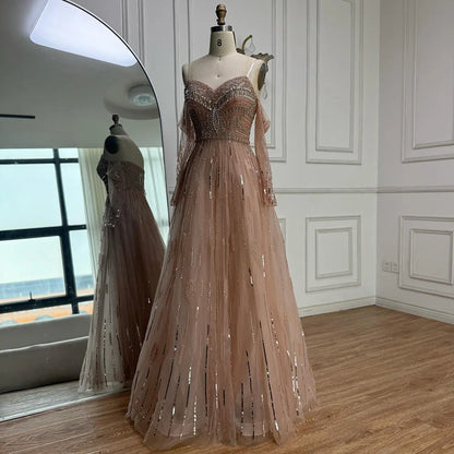 Luxury Caramel Crystal Beaded Long Sleeve Mermaid Evening Dress LA73130 - SERENE HILL