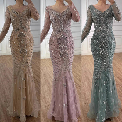 Luxury Nude Long Sleeve Beaded Mermaid Evening Dress LA73155 - SERENE HILL