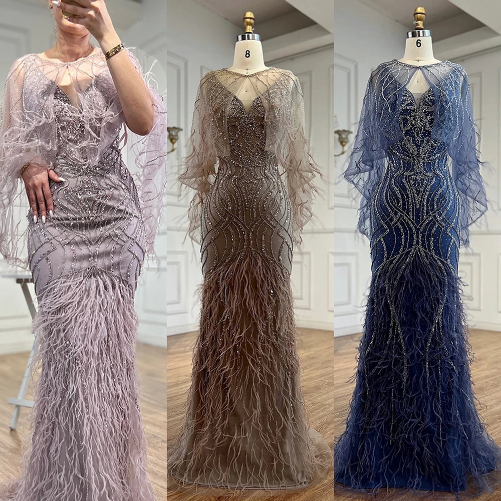 Luxury Caramel Feather Beaded Mermaid Evening Dress LA71866 - SERENE HILL