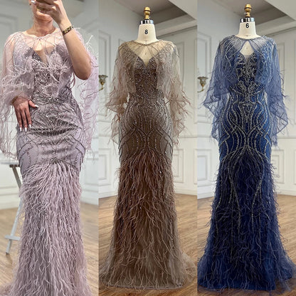 Luxury Caramel Feather Beaded Mermaid Evening Dress LA71866 - SERENE HILL