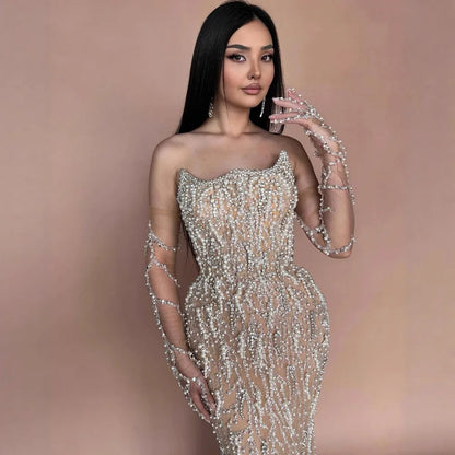 Luxury Nude Pearl Beaded Mermaid Evening Gown with Gloves LA72345C - SERENE HILL