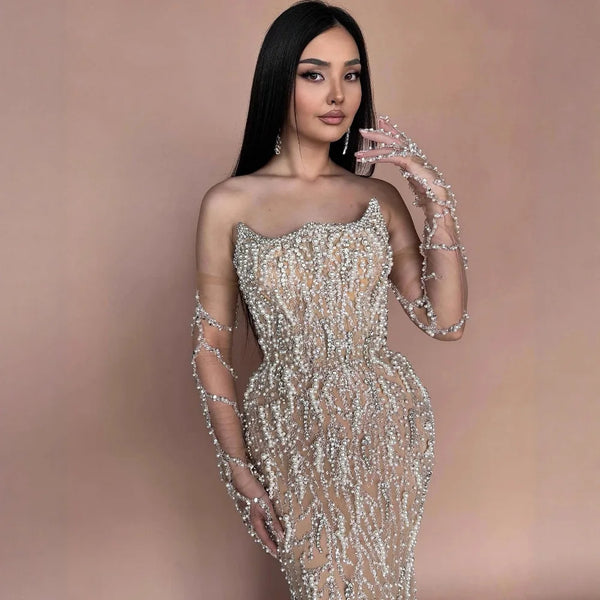 Luxury Nude Strapless Pearl Beaded Mermaid Evening Gown with Gloves LA72345C