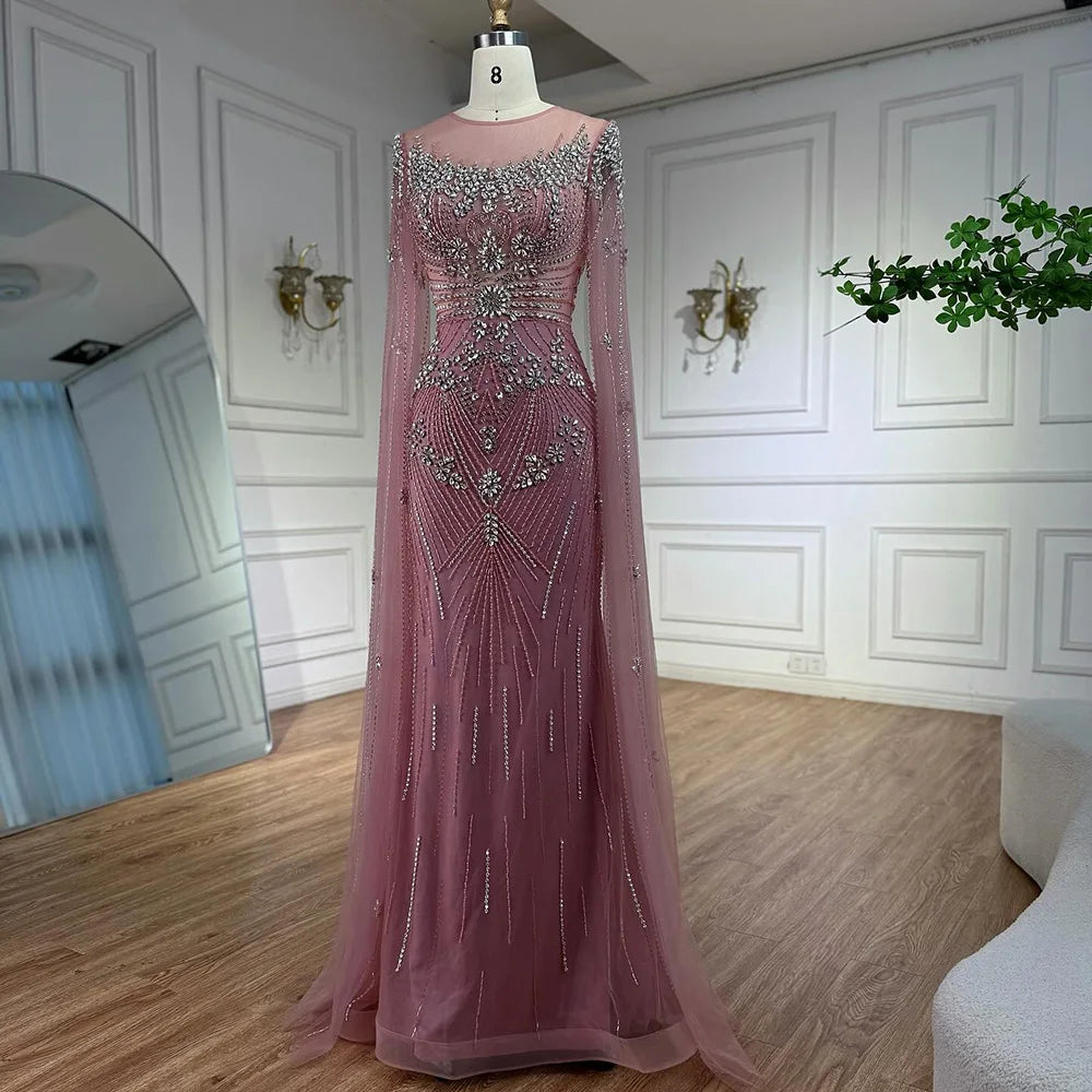 Luxury Pink Arabic Crystal Beaded Mermaid Evening Dress with Cape Sleeves LA73137 - SERENE HILL