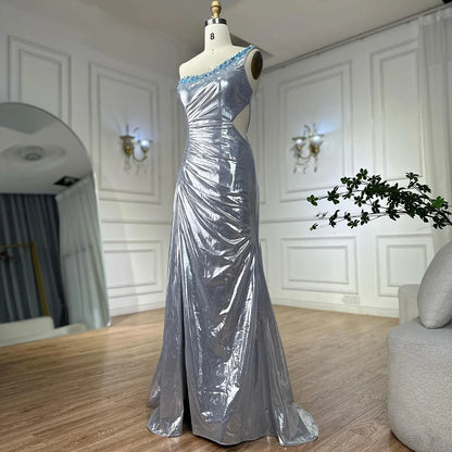 Serene Hill 2025 Elegant Silver One-Shoulder Beaded Mermaid Luxury Dubai Evening Gown with Side Split for Women&