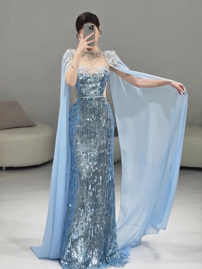 Luxury Dubai Blue Mermaid Evening Dress with Cape LA73419 - SERENE HILL