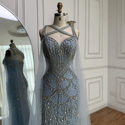 Luxury Nude Cape Sleeves Beaded Crystal Evening Dress LA72806 - SERENE HILL