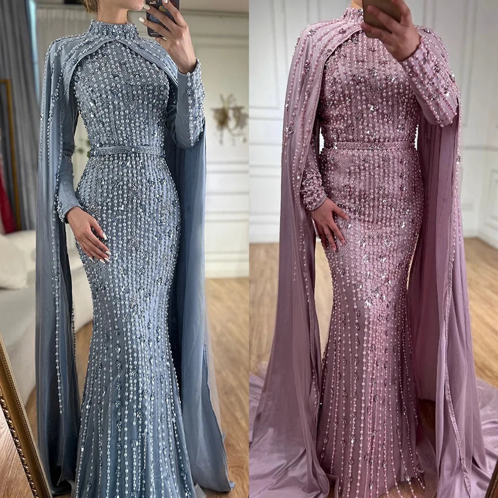Modest Blue Muslim Beaded Evening Gown with Cape Sleeves LA72533 12 / Pink Modest Blue Muslim Beaded Evening Gown with Cape Sleeves LA72533 12 / Pink