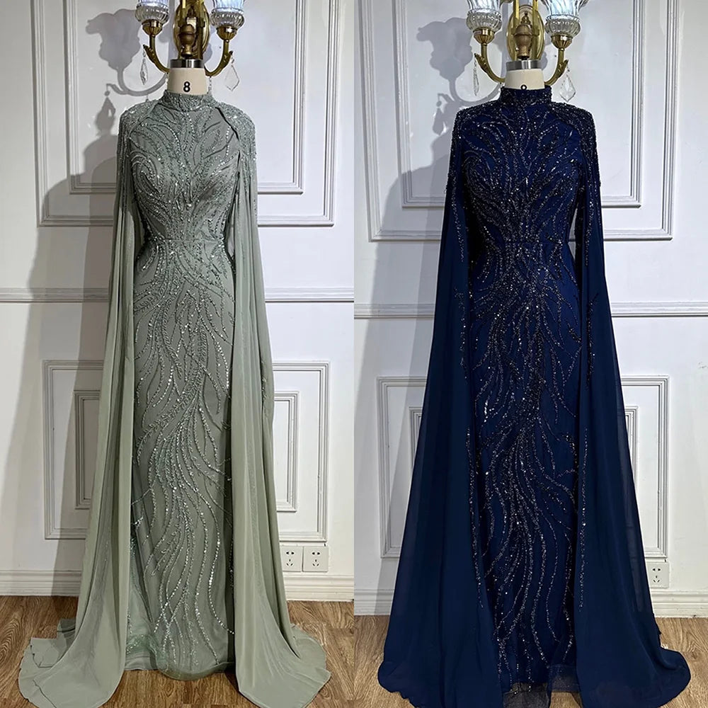 Modest Muslim Sage Green Evening Dress with Cape Long Sleeves LA72413A - SERENE HILL