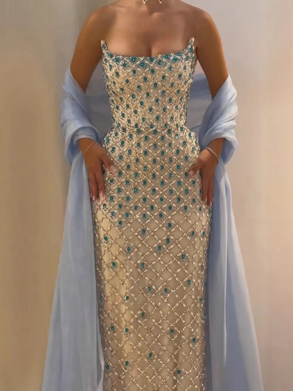 Luxury Blue Diamond Evening Dress with Cape Gown for Wedding Party LA73226