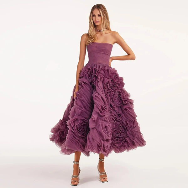 Luxury Purple 3D Rose Flower Strapless Princess Evening Dress LA73176