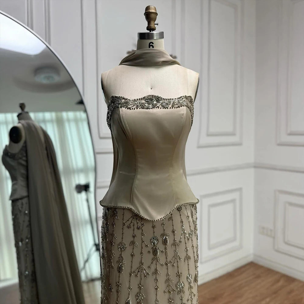 Luxury Caramel Satin Beaded Evening Dress with Bodice LA72805C - SERENE HILL