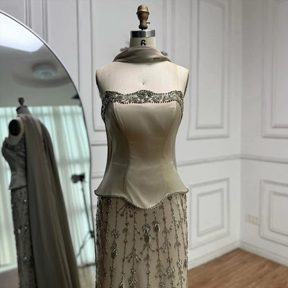 Luxury Caramel Satin Beaded Evening Dress with Bodice LA72805C - SERENE HILL