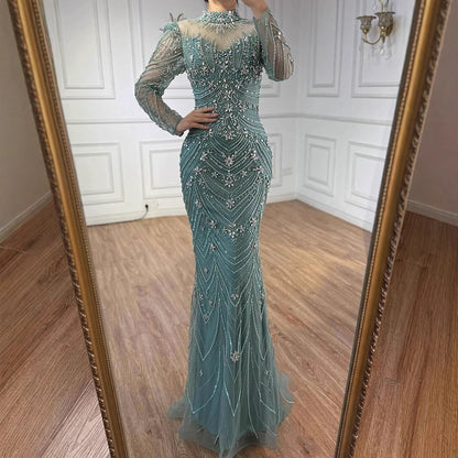 Luxury Pink Beaded Mermaid Evening Dress Long Sleeve LA73158 - SERENE HILL