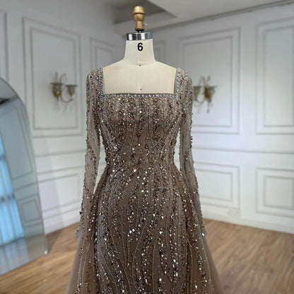 Luxury Modest Caramel Beaded Mermaid Evening Dress with Overskirt LA72710A - SERENE HILL