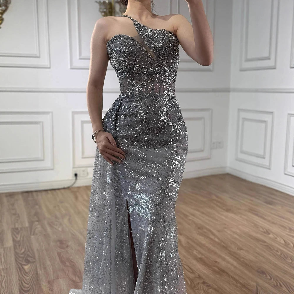 Luxury Silver Gray Crystal Beaded One Shoulder Evening Dress with Overskirt LA73160 - SERENE HILL