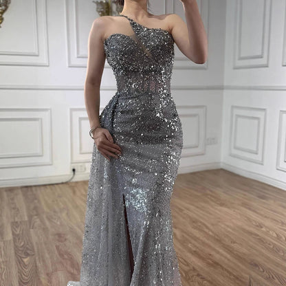 Luxury Silver Gray Crystal Beaded One Shoulder Evening Dress with Overskirt LA73160 - SERENE HILL