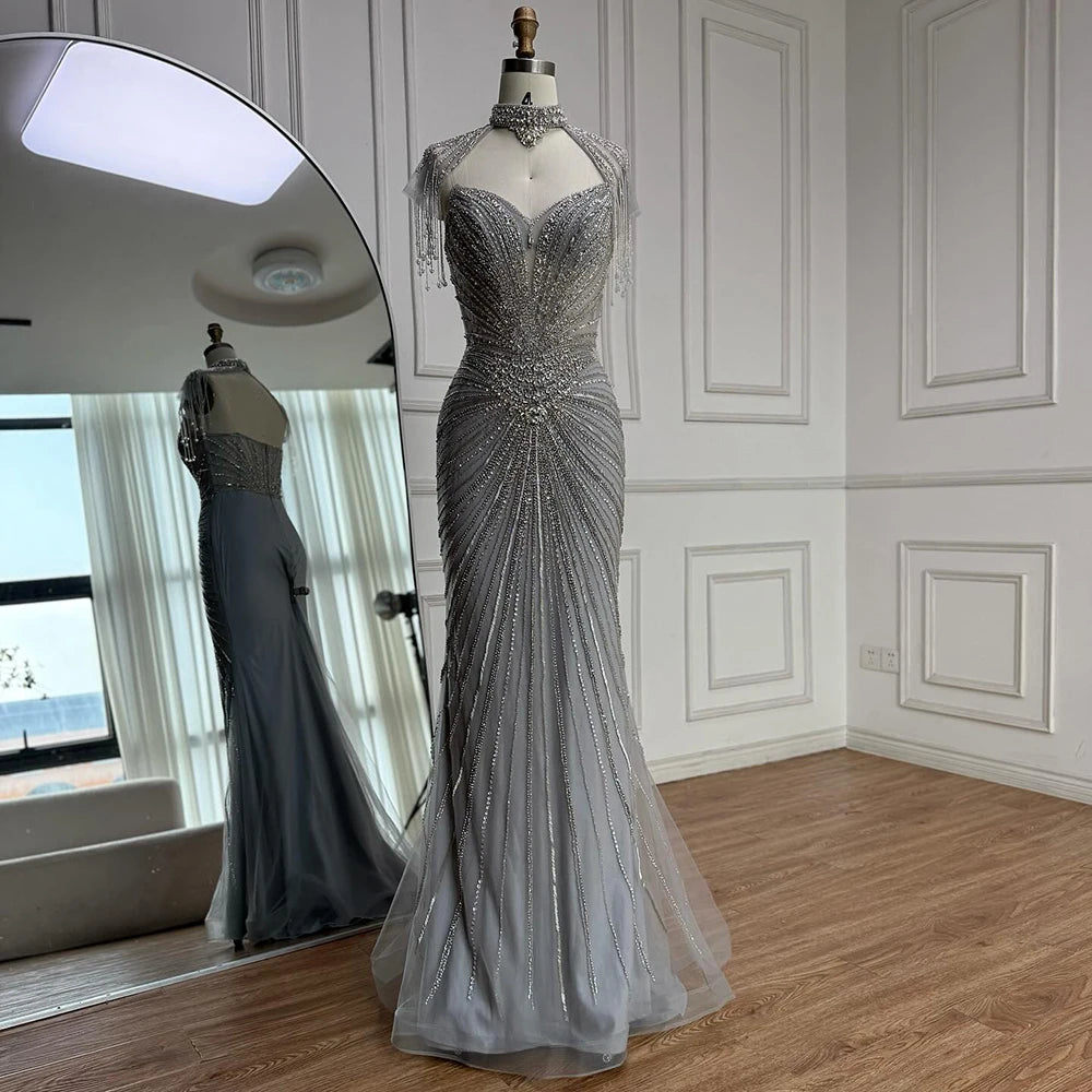 Luxury Nude Beaded Mermaid Evening Dress with Overskirt LA73182 - SERENE HILL
