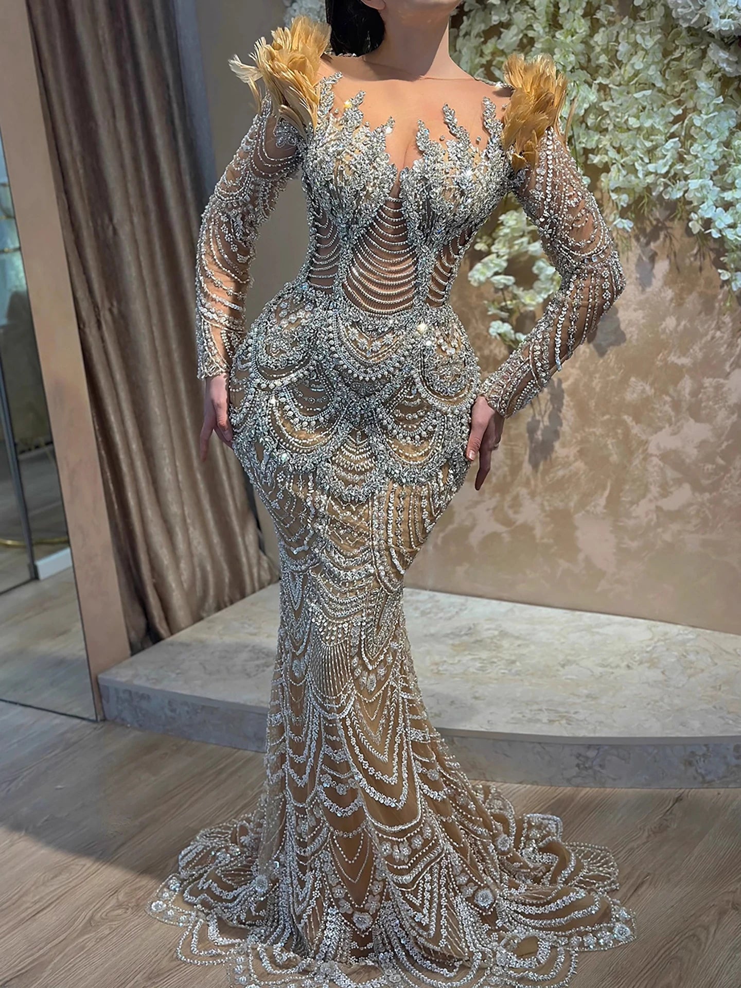 Luxury Nude Beaded Feather Long Sleeve Mermaid Evening Dress LA73348 - SERENE HILL