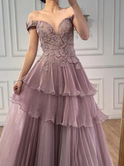 Luxury Pink Dreamy Ruffles Beaded A-Line Evening Dress LA73385 - SERENE HILL