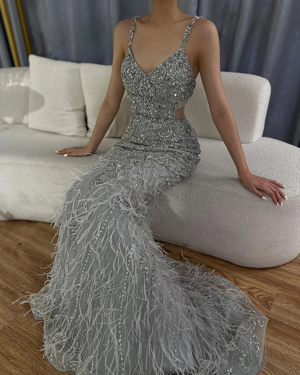 grey feather dress Grey Silver Feather Embellished Dress 03023