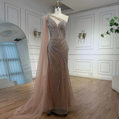Luxury Caramel One Shoulder Beaded Mermaid Evening Dress LA72895 - SERENE HILL