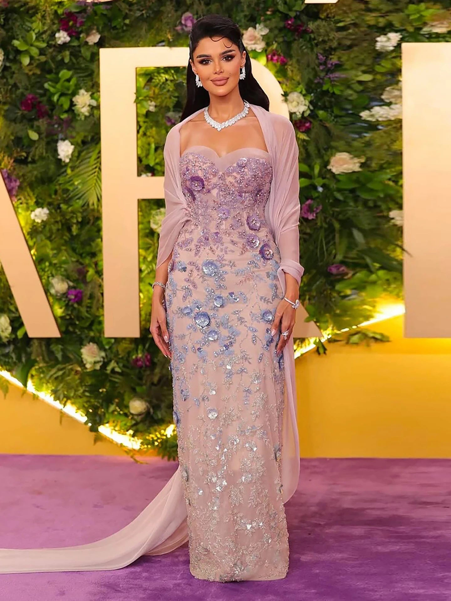 Luxury Lilac 3D Flower Evening Dress with Cape LA73345 - SERENE HILL