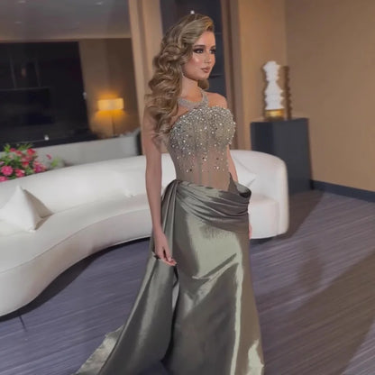 Luxury Olive Green Satin Evening Dress with Beaded Bodice LA73069 - SERENE HILL