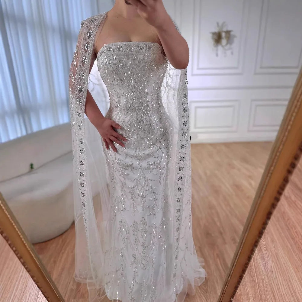Luxury White Dubai Arabia Beading Evening Dress With Cape LA72870 - SERENE HILL